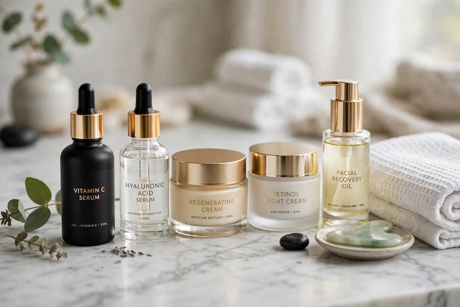 Premium serums and creams used in a celebrity skincare routine