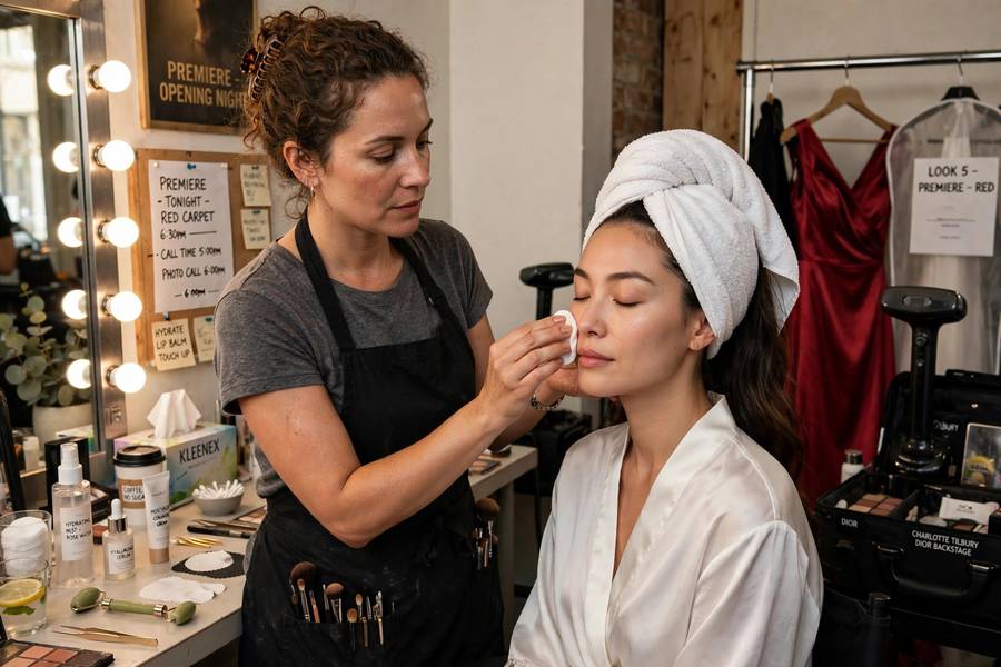 Backstage skin prep showing a celebrity skincare routine in action