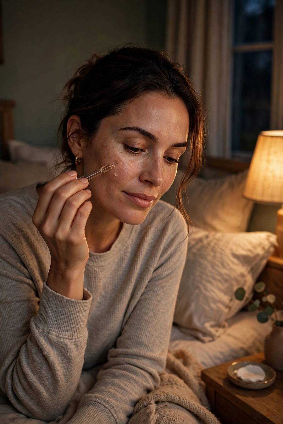 Woman applying night serum in dim bedroom, peaceful evening ritual, soft lamp light, photorealistic