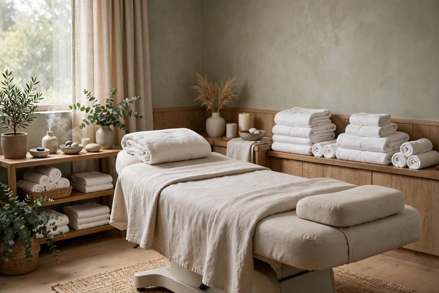Peaceful spa treatment room with facial bed and soft towels, calm luxury atmosphere, photorealistic