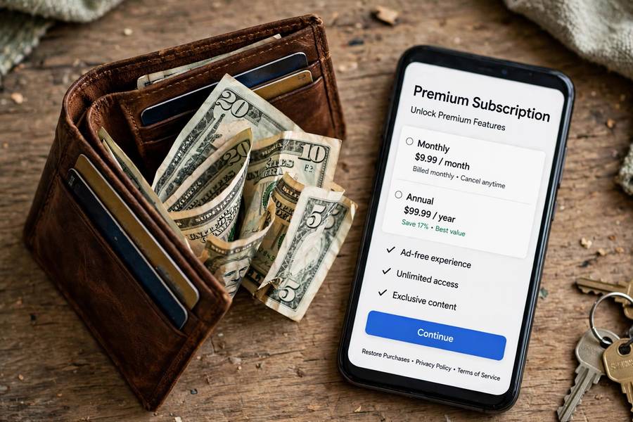 A wallet next to a phone showing a subscription screen