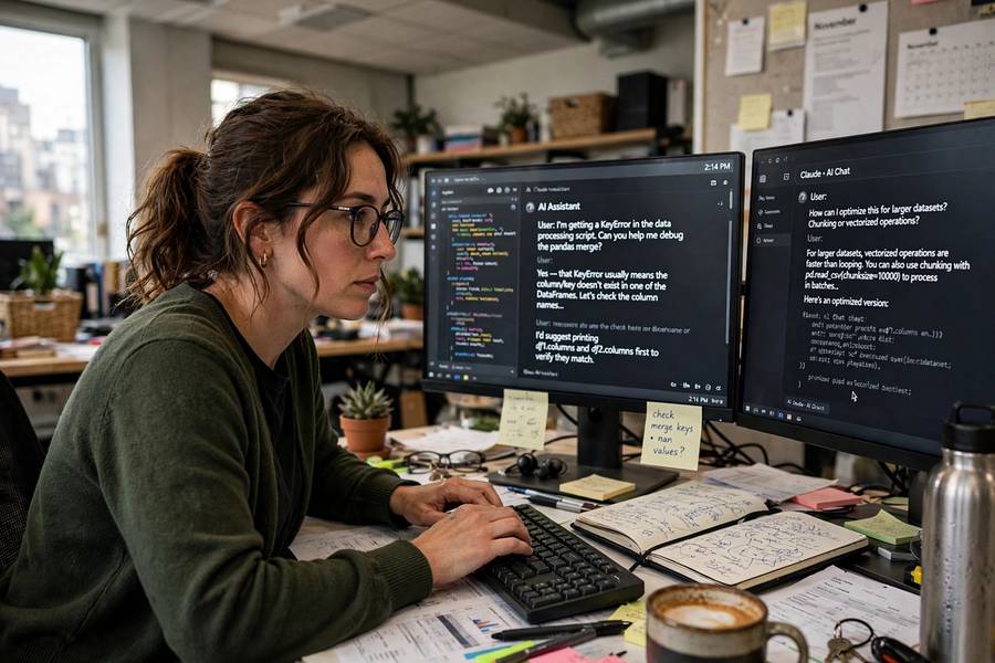 A professional using AI chat intensively on dual monitors