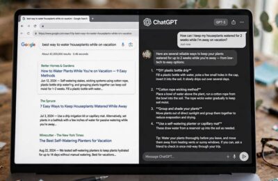 A split screen comparing search results and a ChatGPT chat