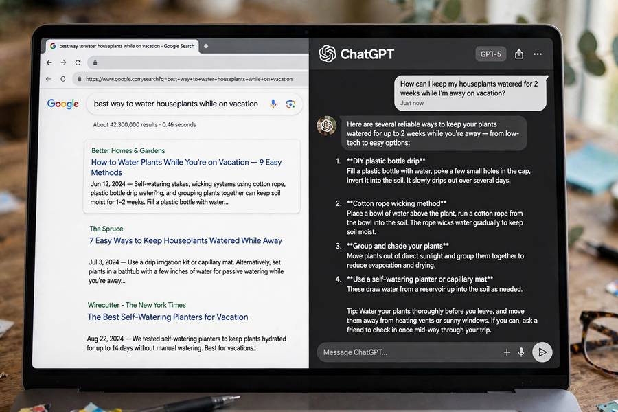 A split screen comparing search results and a ChatGPT chat