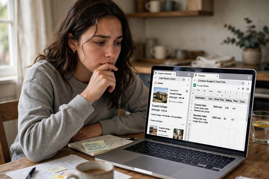 A person deciding between search and AI chat on a laptop