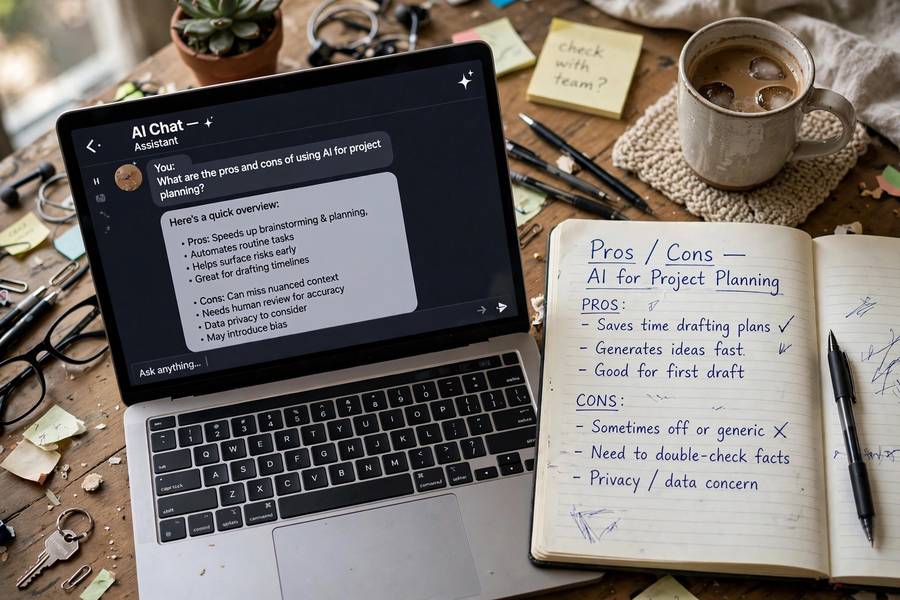 A pros and cons list next to an AI chat on a laptop