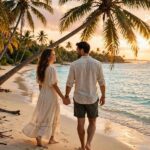 Cheap Honeymoon Destinations: 12 Romantic Budget Trips Couple walking on a tropical beach at sunset in a cheap honeymoon destination