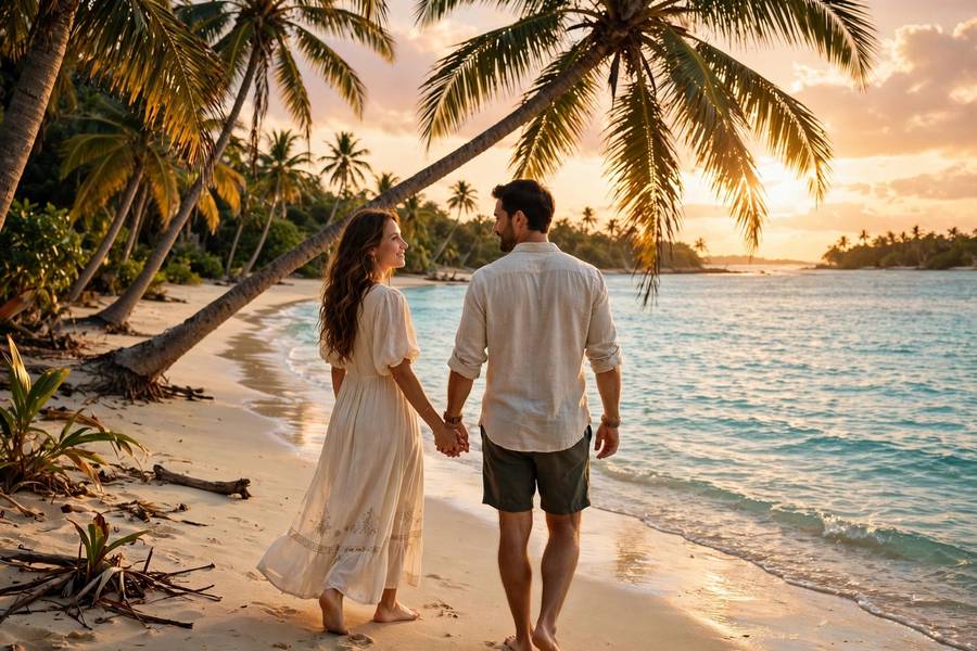 Couple walking on a tropical beach at sunset in a cheap honeymoon destination