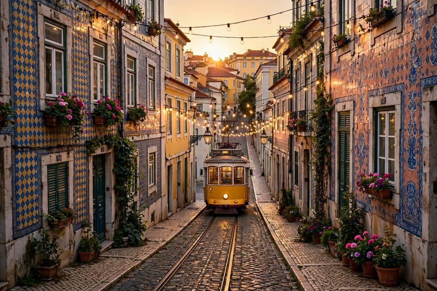 Romantic old street in Lisbon Portugal, a cheap honeymoon destination in Europe