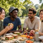 Cheap Summer Bucket List Ideas (Mostly Free) Friends enjoying a picnic with homemade food in a park on a budget summer day