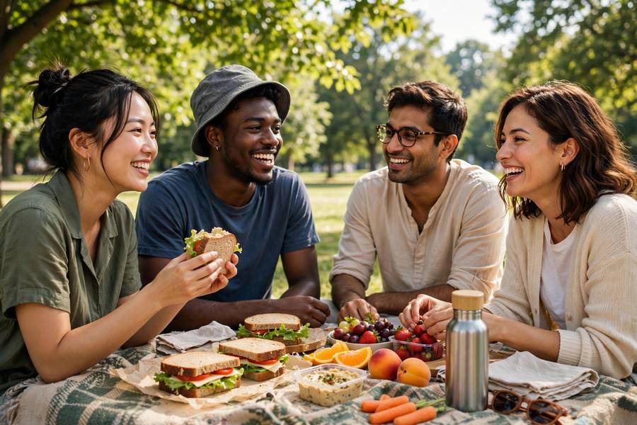 Friends enjoying a picnic with homemade food in a park on a budget summer day