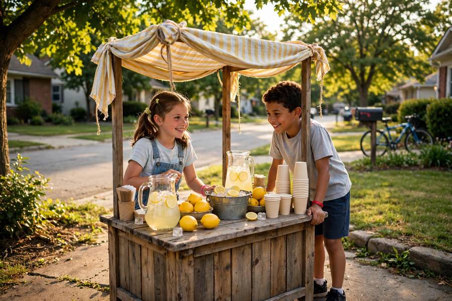 Child buying lemonade from a neighborhood lemonade stand in summer
