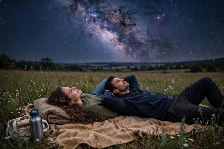 Sunset stargazing with blanket in an open field on a clear summer night