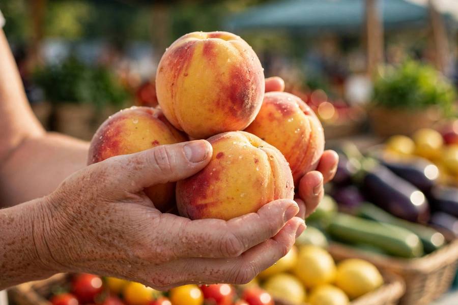Hands holding ripe peaches at a summer farmers market