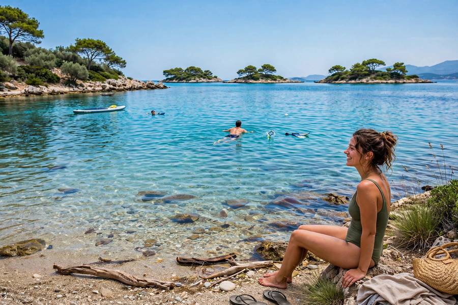 Ksamil beach Albania with turquoise water and islands