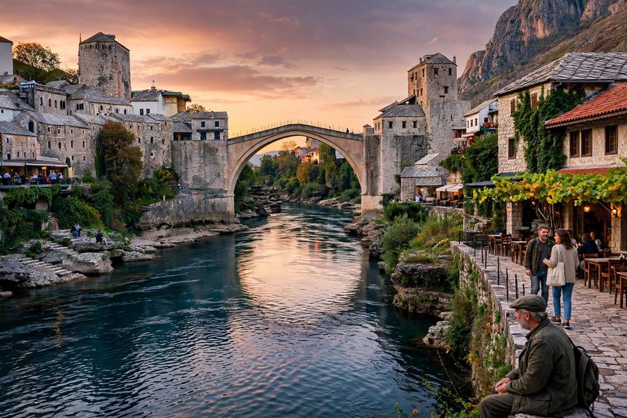 Mostar bridge Bosnia with old town at sunset