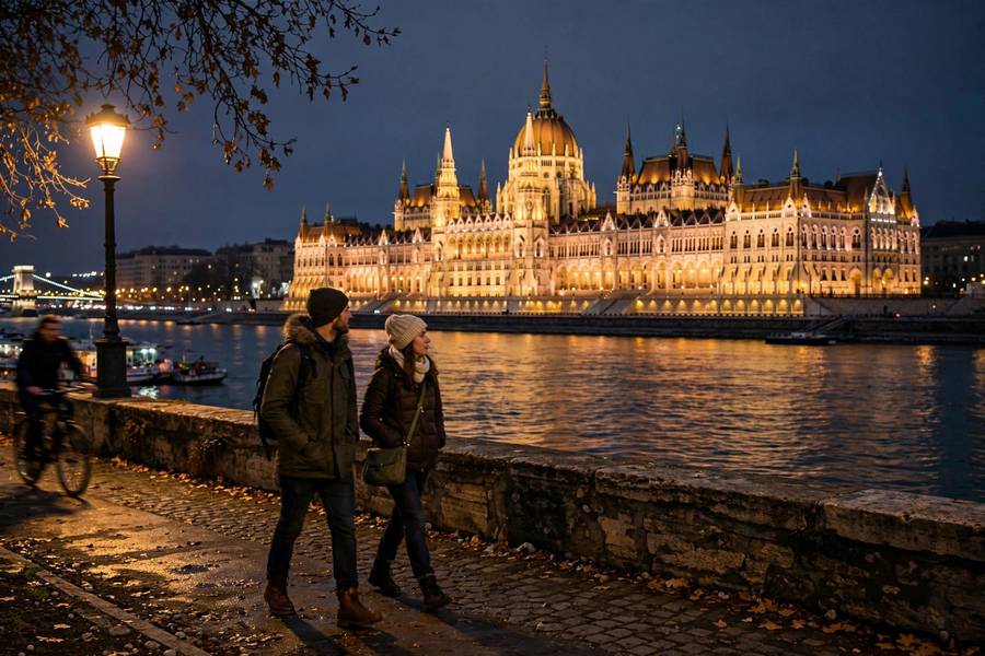 Budapest parliament building at night with Danube