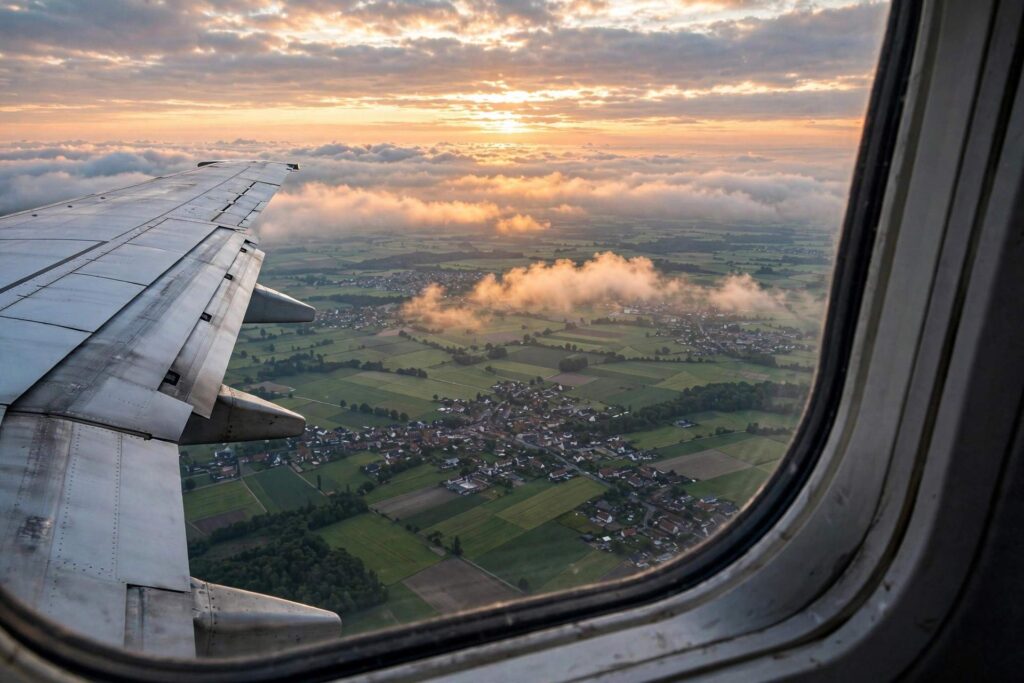 Airplane wing over European countryside with clouds at sunrise