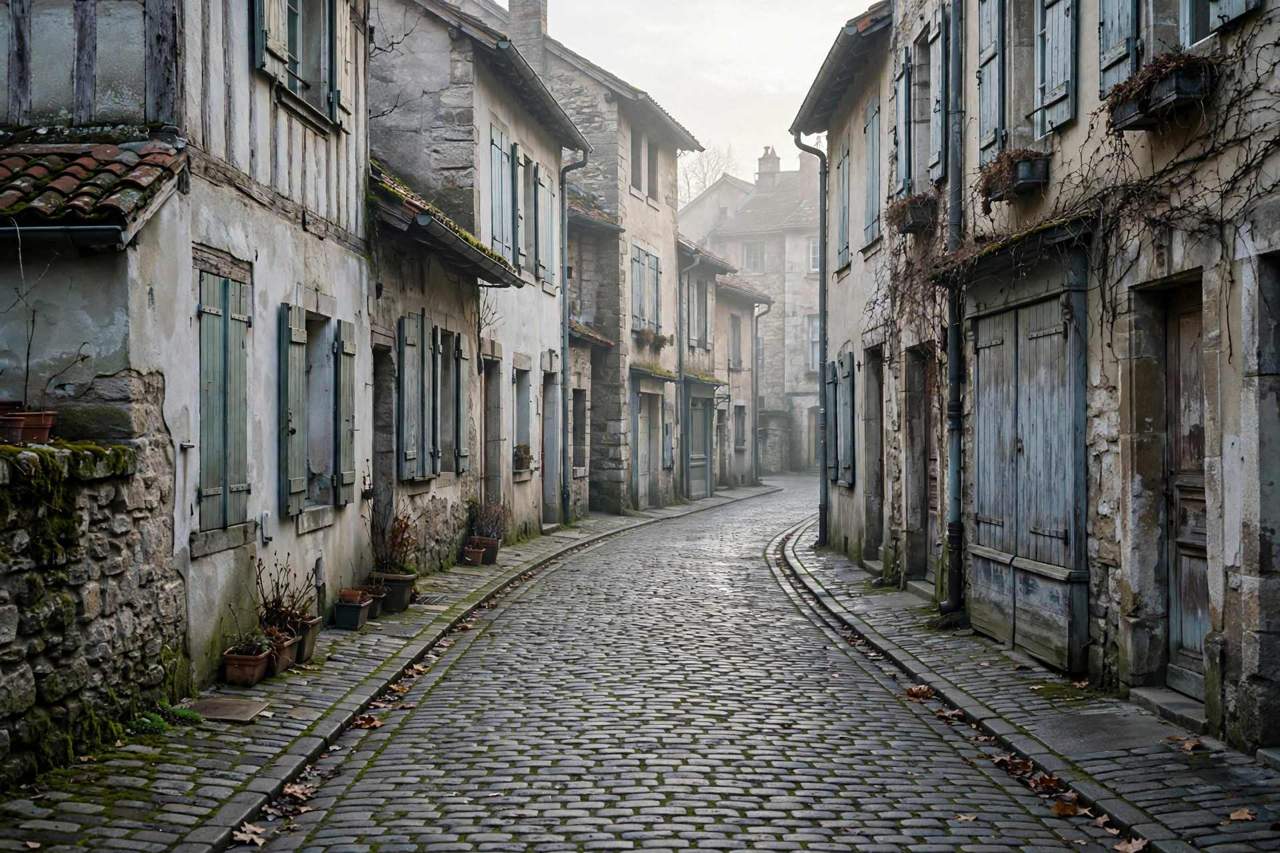 Empty cobblestone street in a European old town during off-season travel