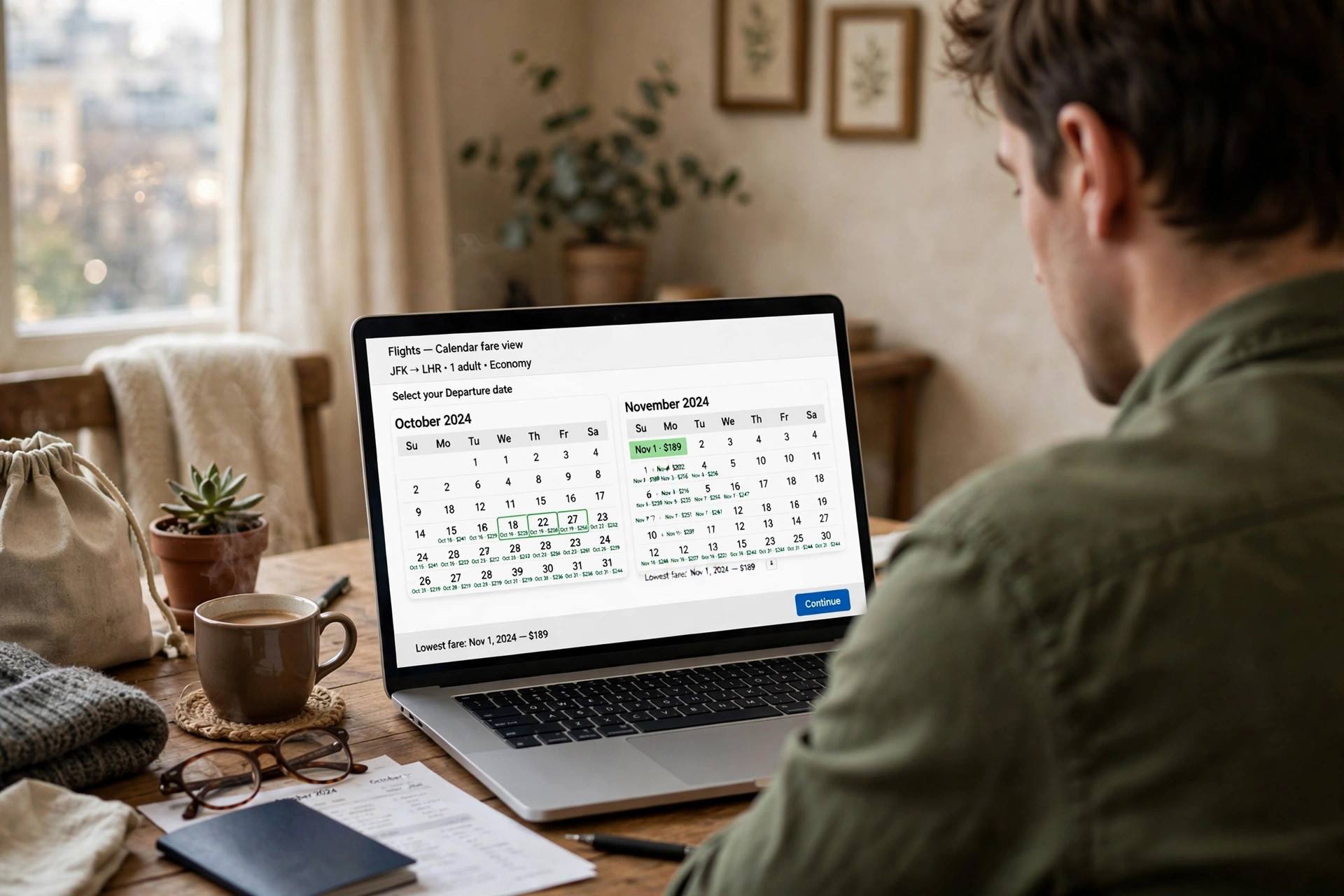 Traveler comparing flight prices on a laptop with a calendar
