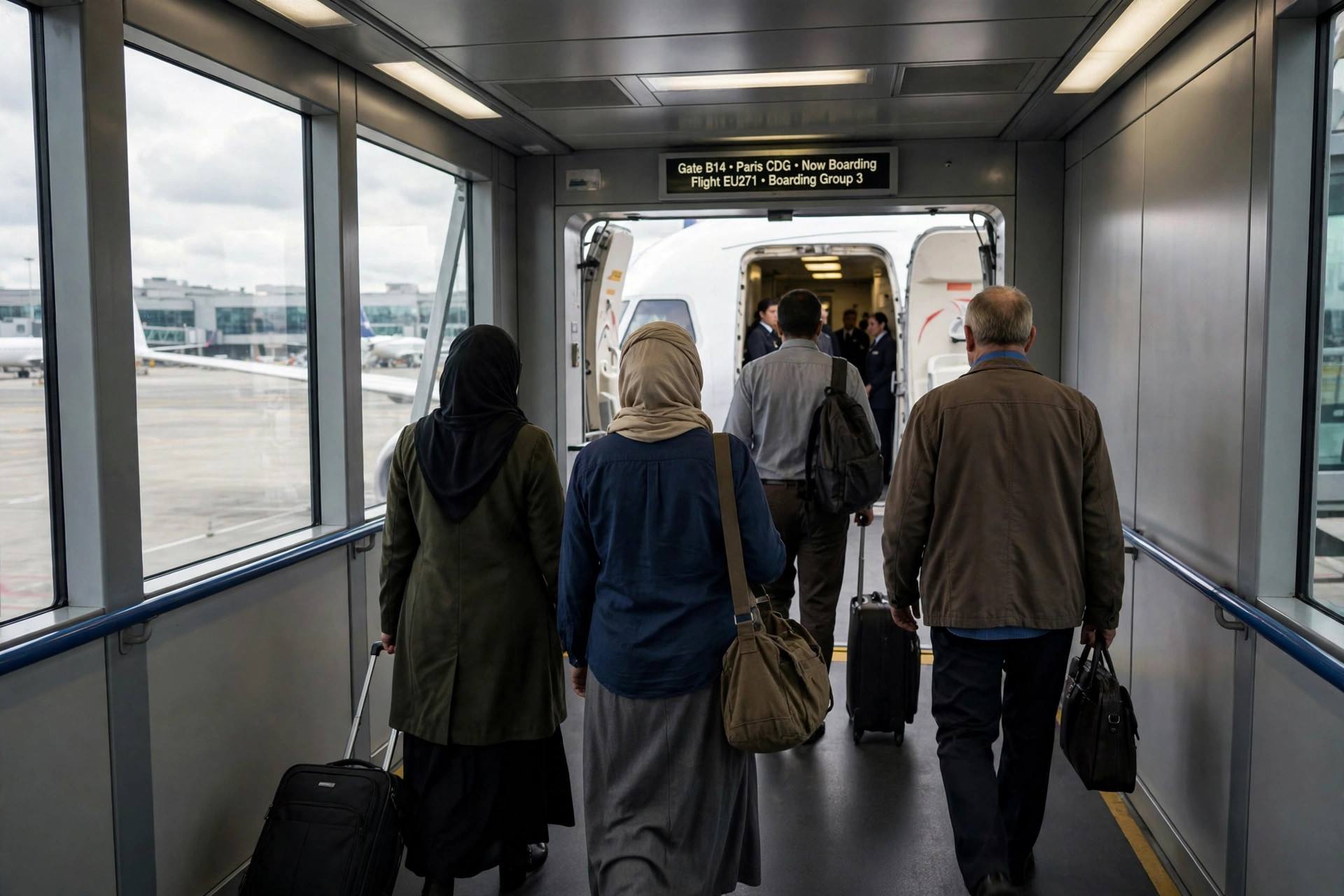 Passengers boarding a plane at an airport gate for a European flight