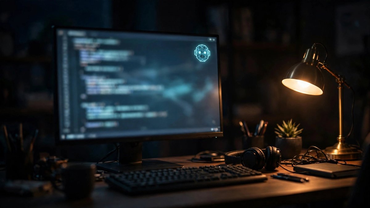 Developer workspace with code on screen and a small AI model icon indicating speed