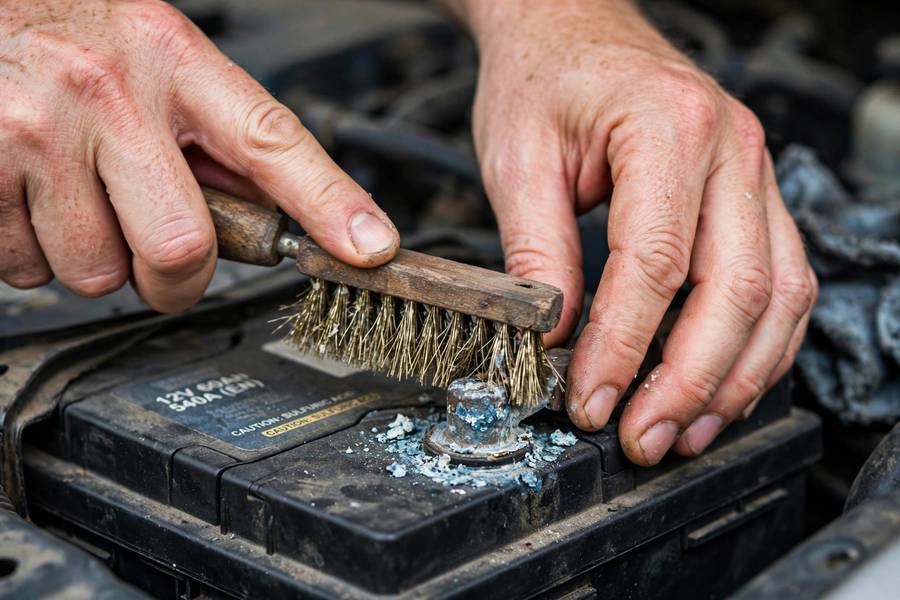 Cleaning corrosion from a terminal when you clean car battery terminals