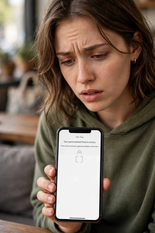 Person looking at an empty recommendation feed on a new account