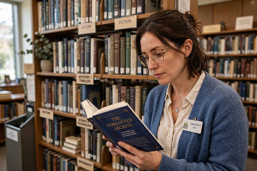 Librarian examining item features like content-based filtering