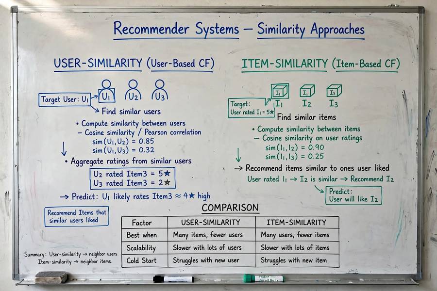 Whiteboard diagrams comparing recommendation approaches