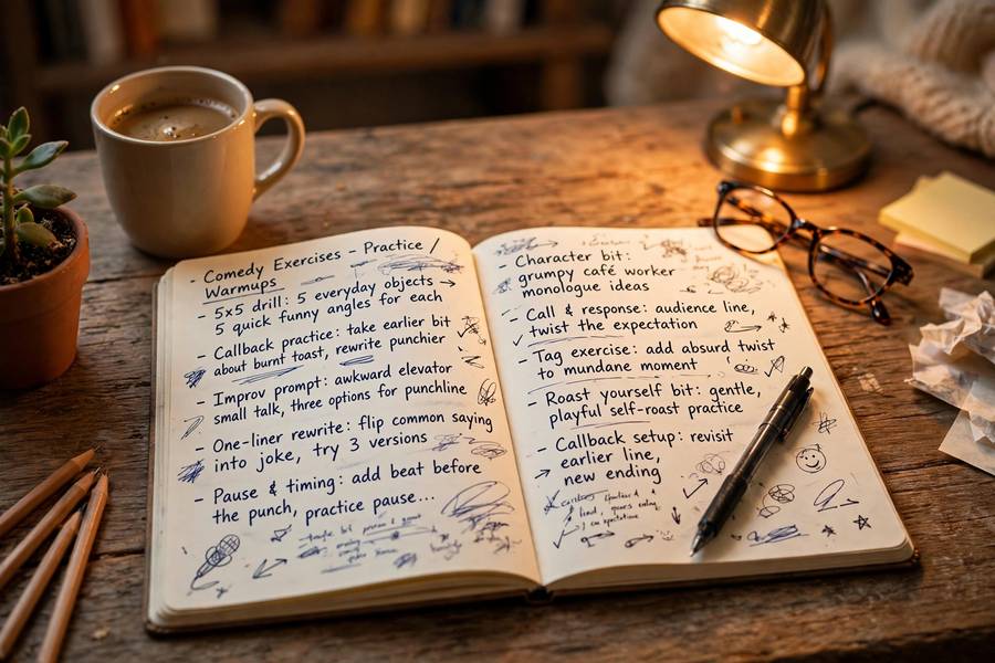 Writer's desk with notebook full of comedy exercises and pen