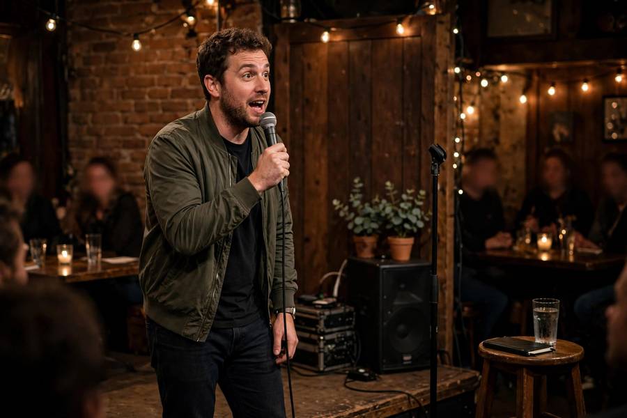 Stand-up comedian testing new material at small open mic night