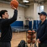 9 Common Basketball Shooting Mistakes (and Exactly How to Fix Them) Photorealistic side-view photo of a player's shooting form being analyzed, indoor gym, coach observing