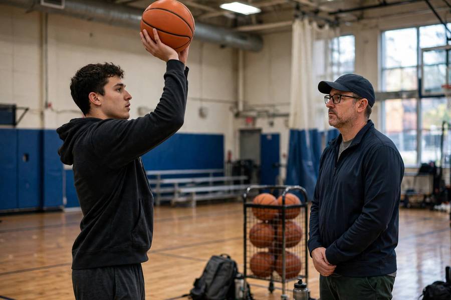 Photorealistic side-view photo of a player's shooting form being analyzed, indoor gym, coach observing