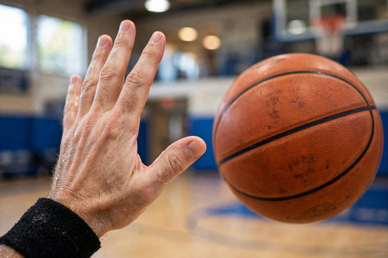 Photorealistic close-up of a shooter's guide hand position at release, fingers up, thumb relaxed