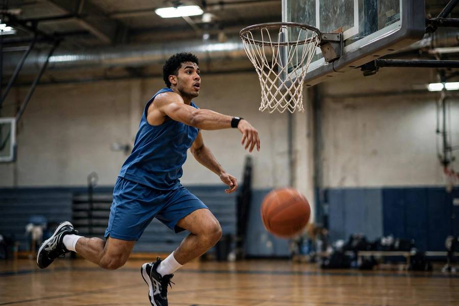 Photorealistic action shot of a player with flat shot trajectory missing front rim, gym lighting