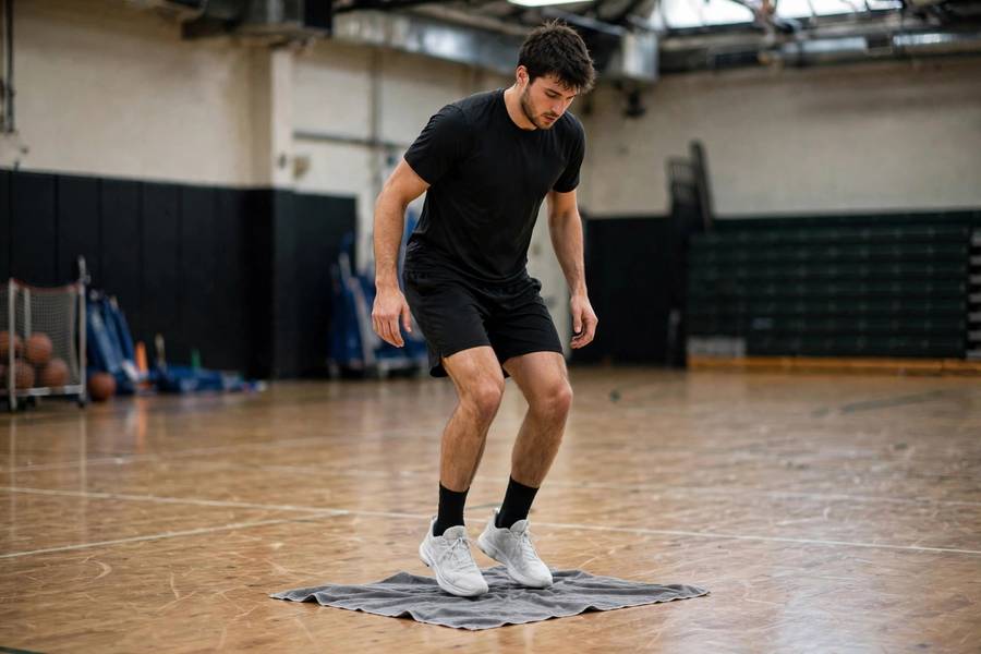 Photorealistic image of a player practicing landing-spot drill with a towel under feet on court