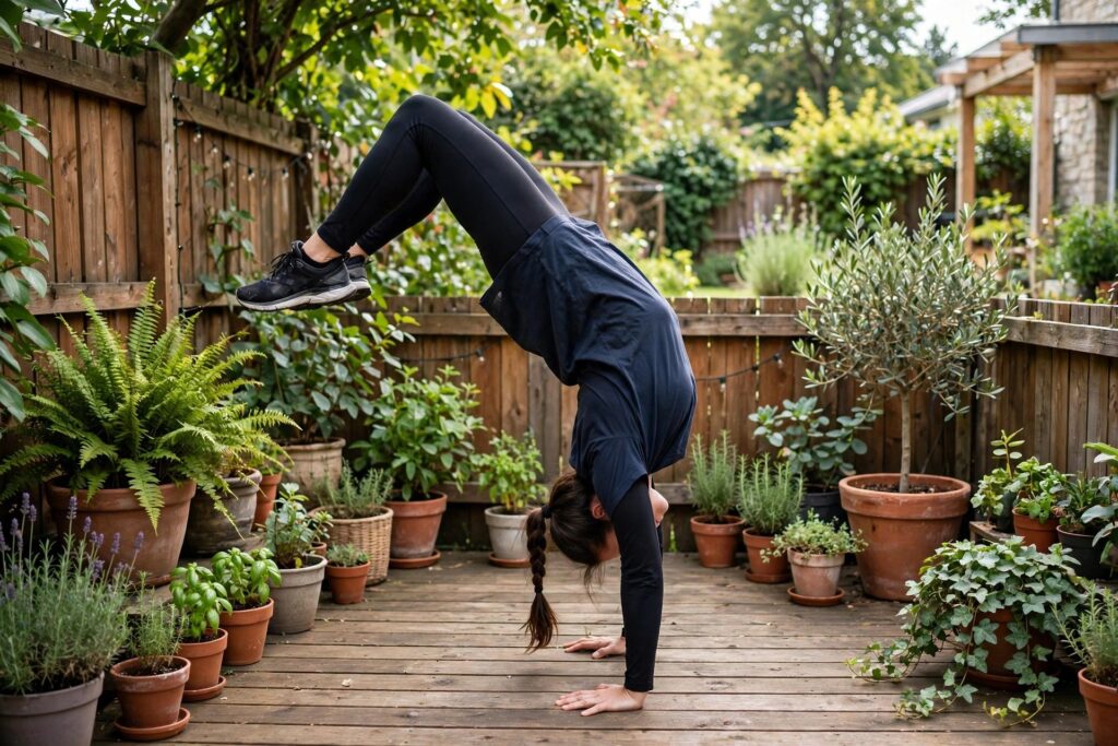 Person demonstrating banana back mistake in handstand