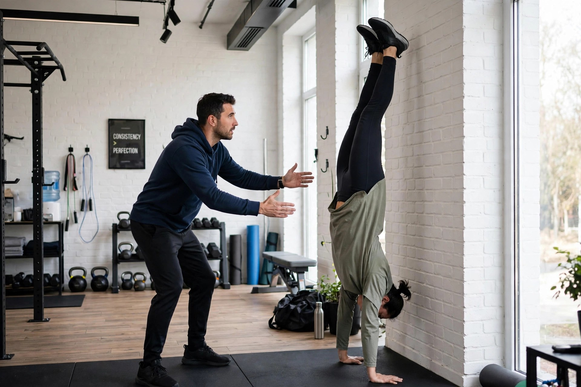 Athlete practicing controlled handstand kick-up against wall