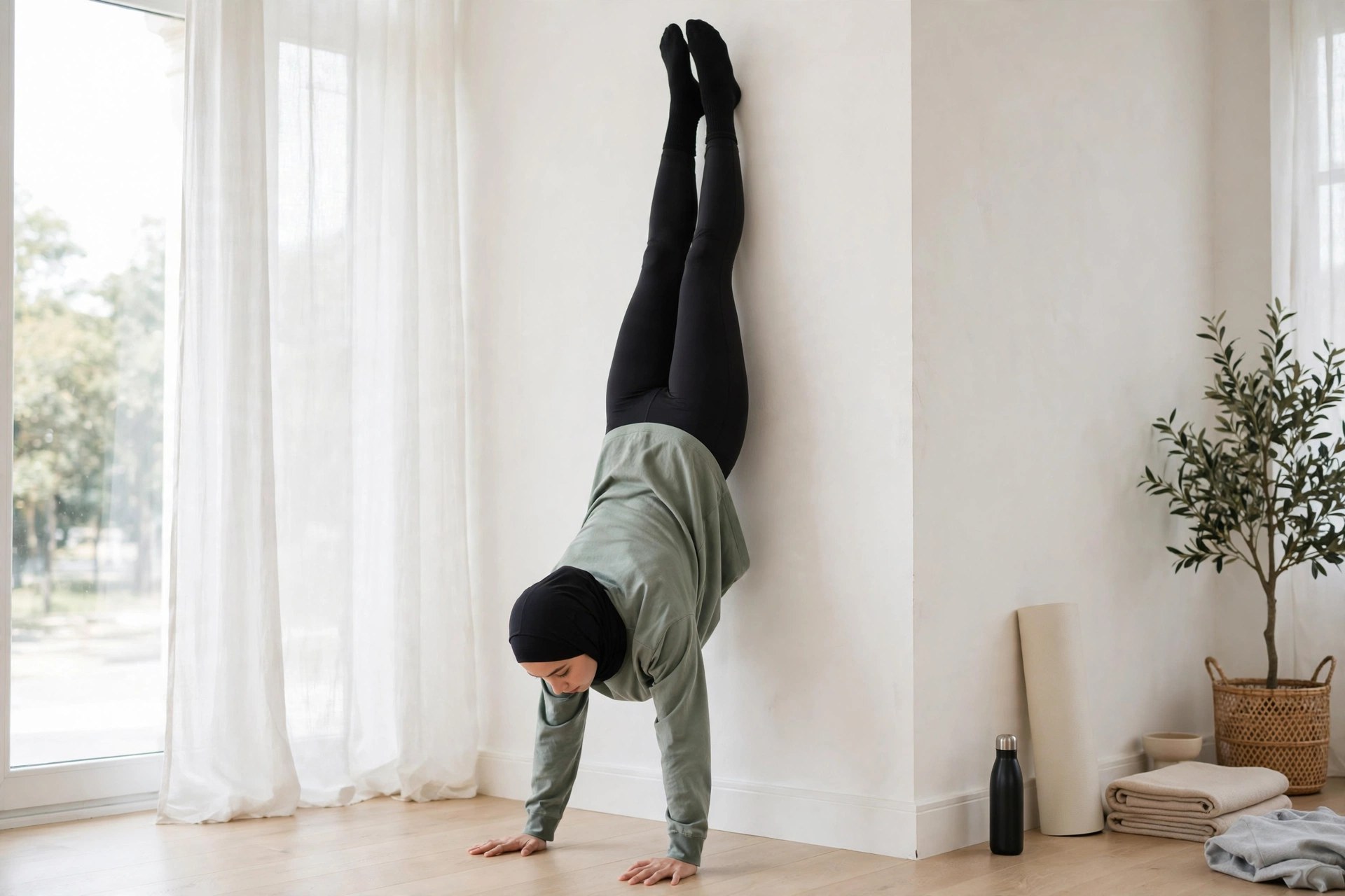 Close-up of straight-arm chest-to-wall handstand hold