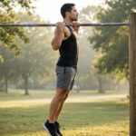 Common Pull-Up Mistakes: 10 Form Errors Killing Your Progress Side view of a man performing a pull-up with perfect form, chin clearly over the bar
