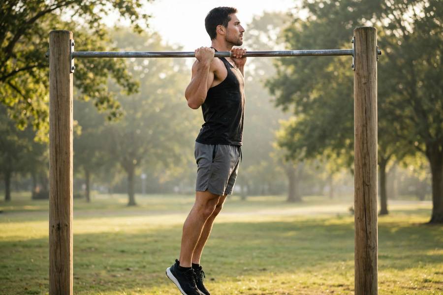 Side view of a man performing a pull-up with perfect form, chin clearly over the bar