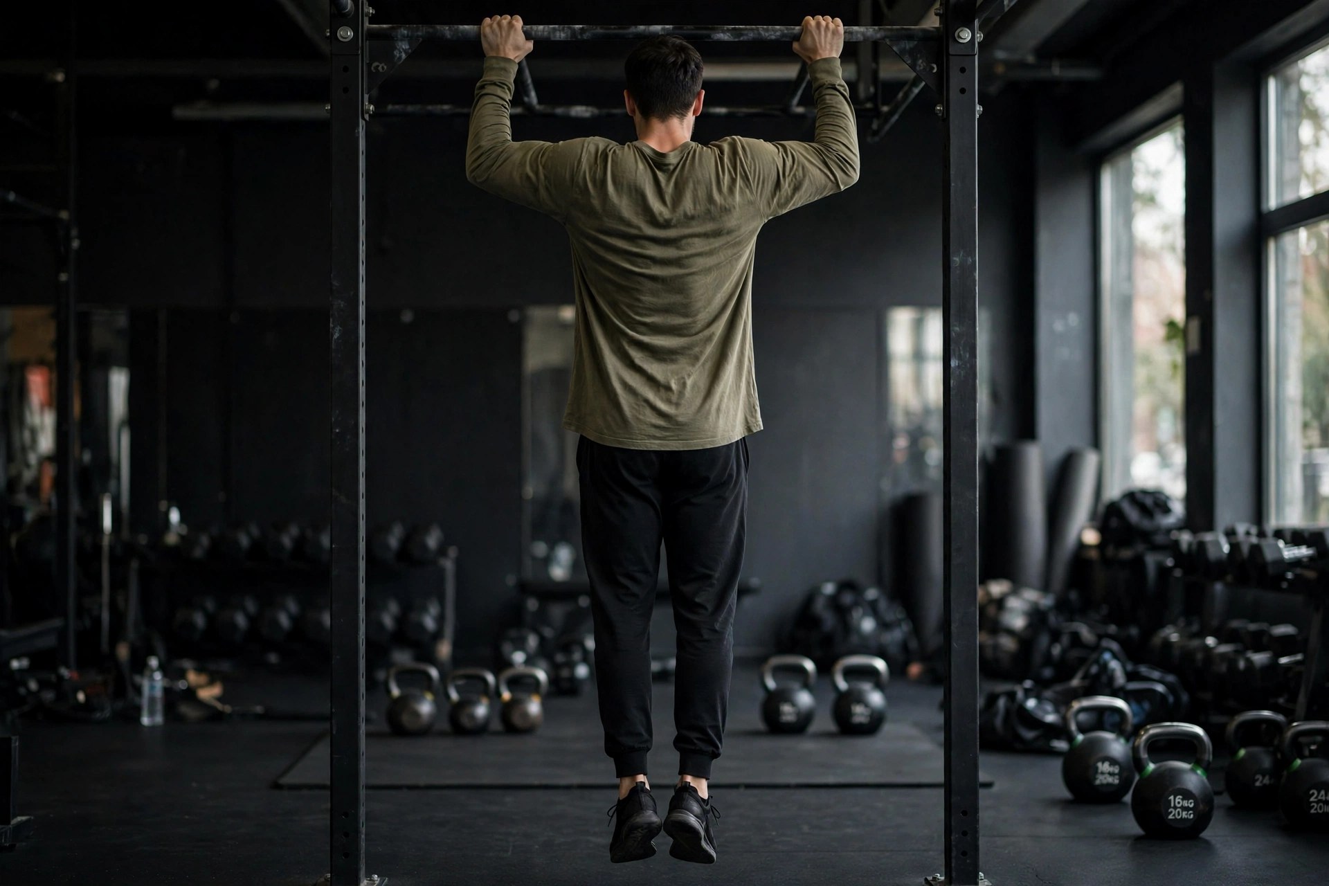 Close-up of a lifter's upper back showing depressed shoulder blades during a pull-up