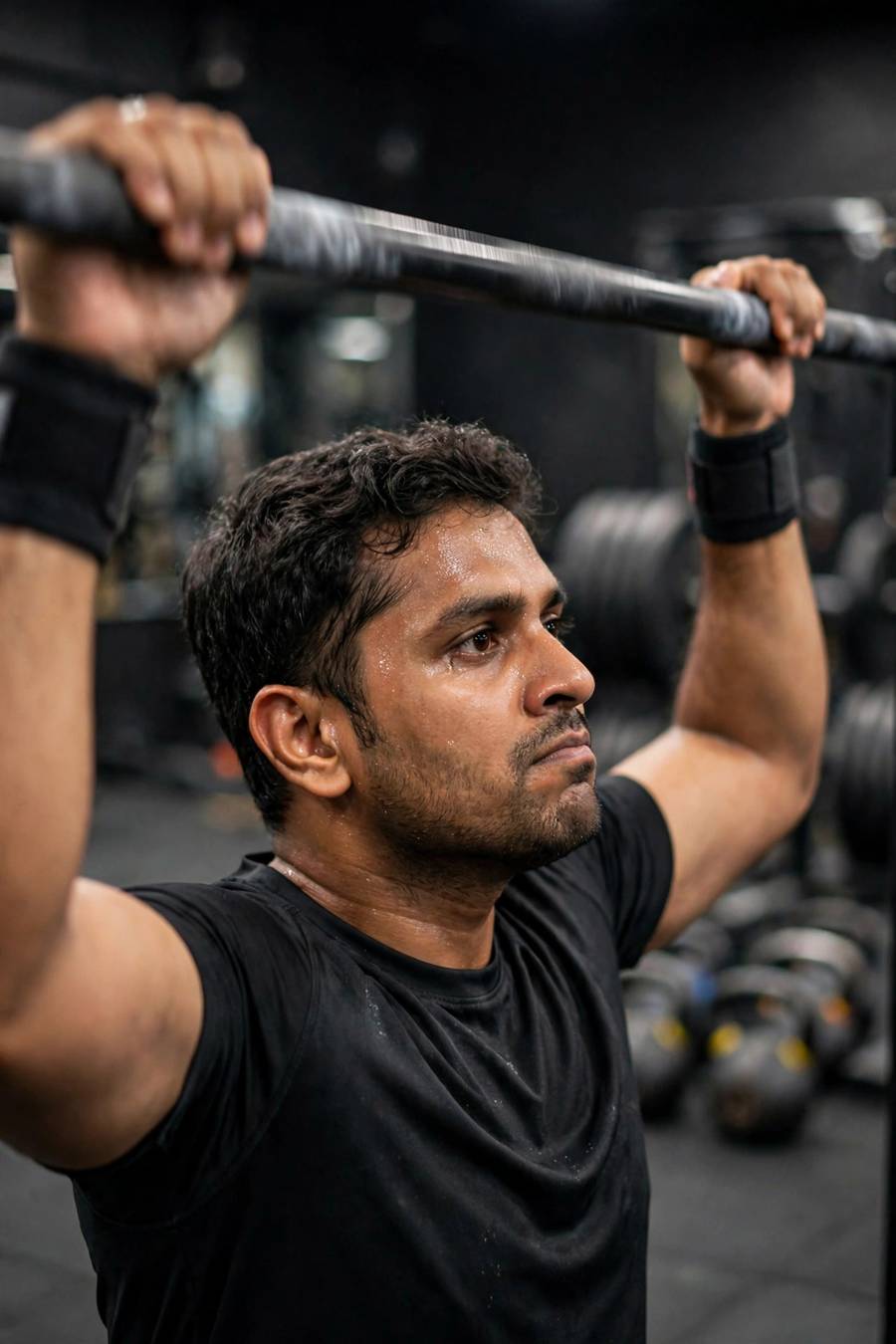 Man demonstrating a half-rep pull-up mistake with chin below the bar in a gym