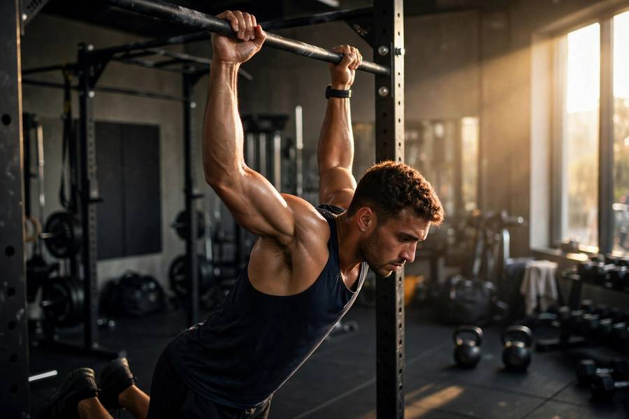 Athlete lowering under control from the top of a pull-up bar