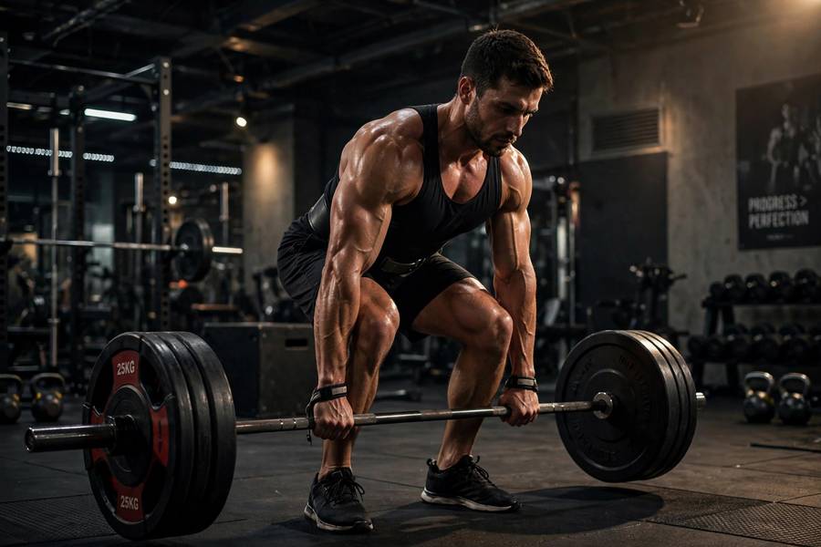 A person performing a barbell deadlift, a compound exercise