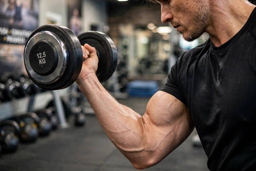 A person doing bicep curls, an isolation exercise