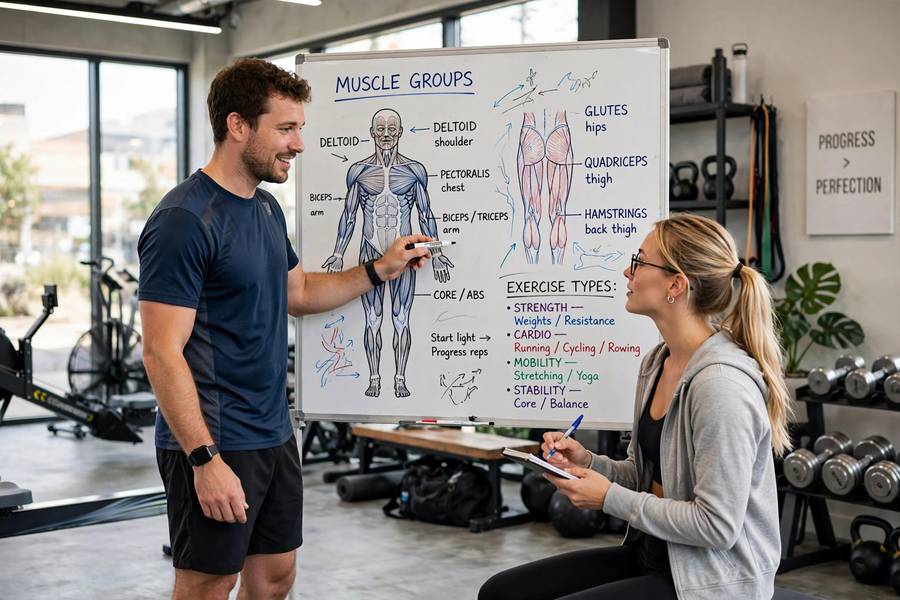 A trainer explaining compound versus isolation exercises on a whiteboard