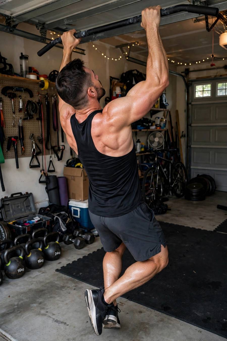 A person doing pull-ups, a compound upper body exercise
