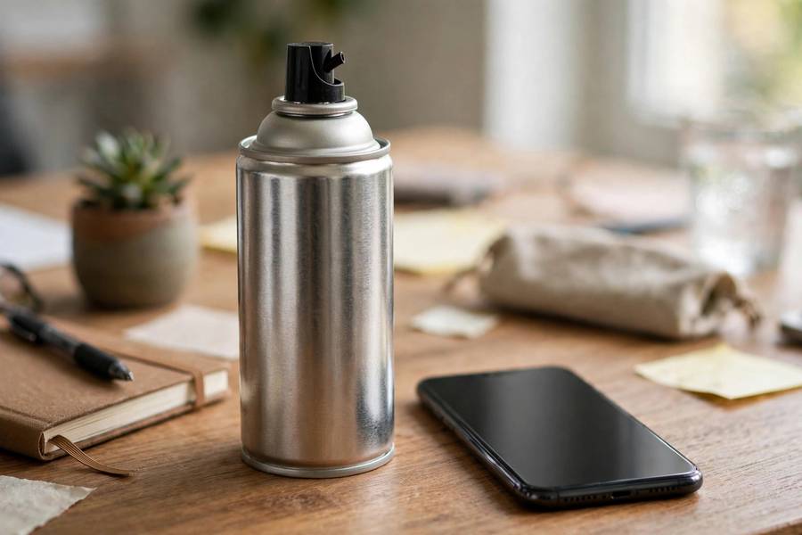 Can of compressed air next to a smartphone